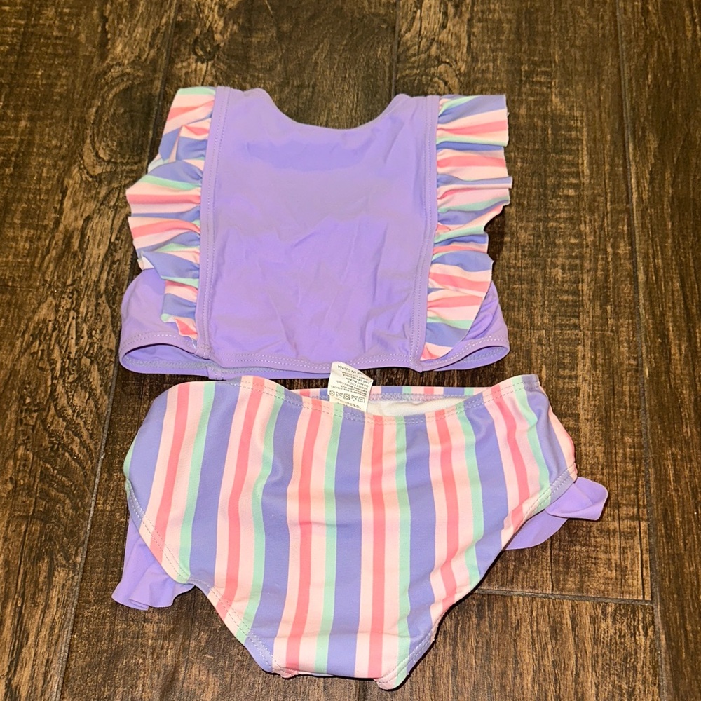 Toddler Girls 4T Purple Ruffle Bikini Swimsuit Rainbow Stripe Set - Picture 4 of 4